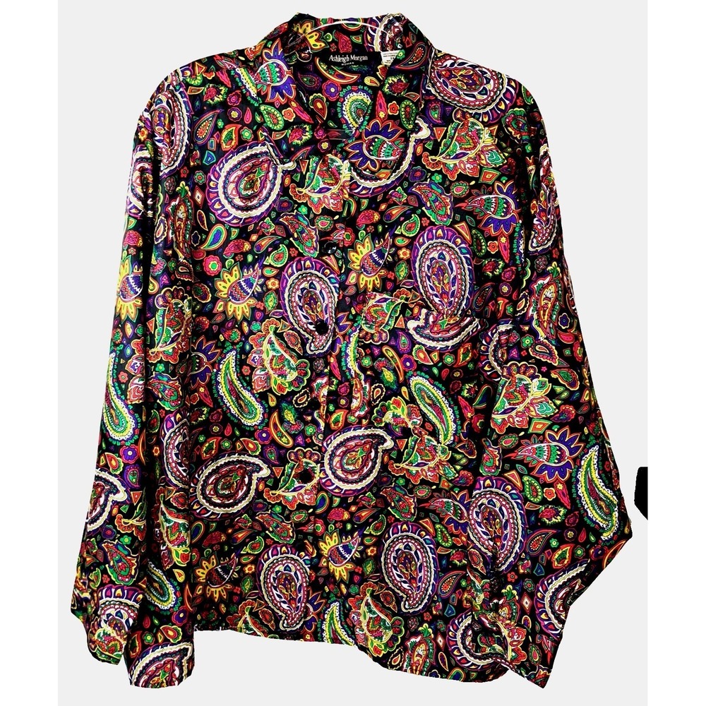 Ashleigh Morgan  Blouse Women's 3X Bold 70s Paisley‎ Festive Colorful Silky Soft